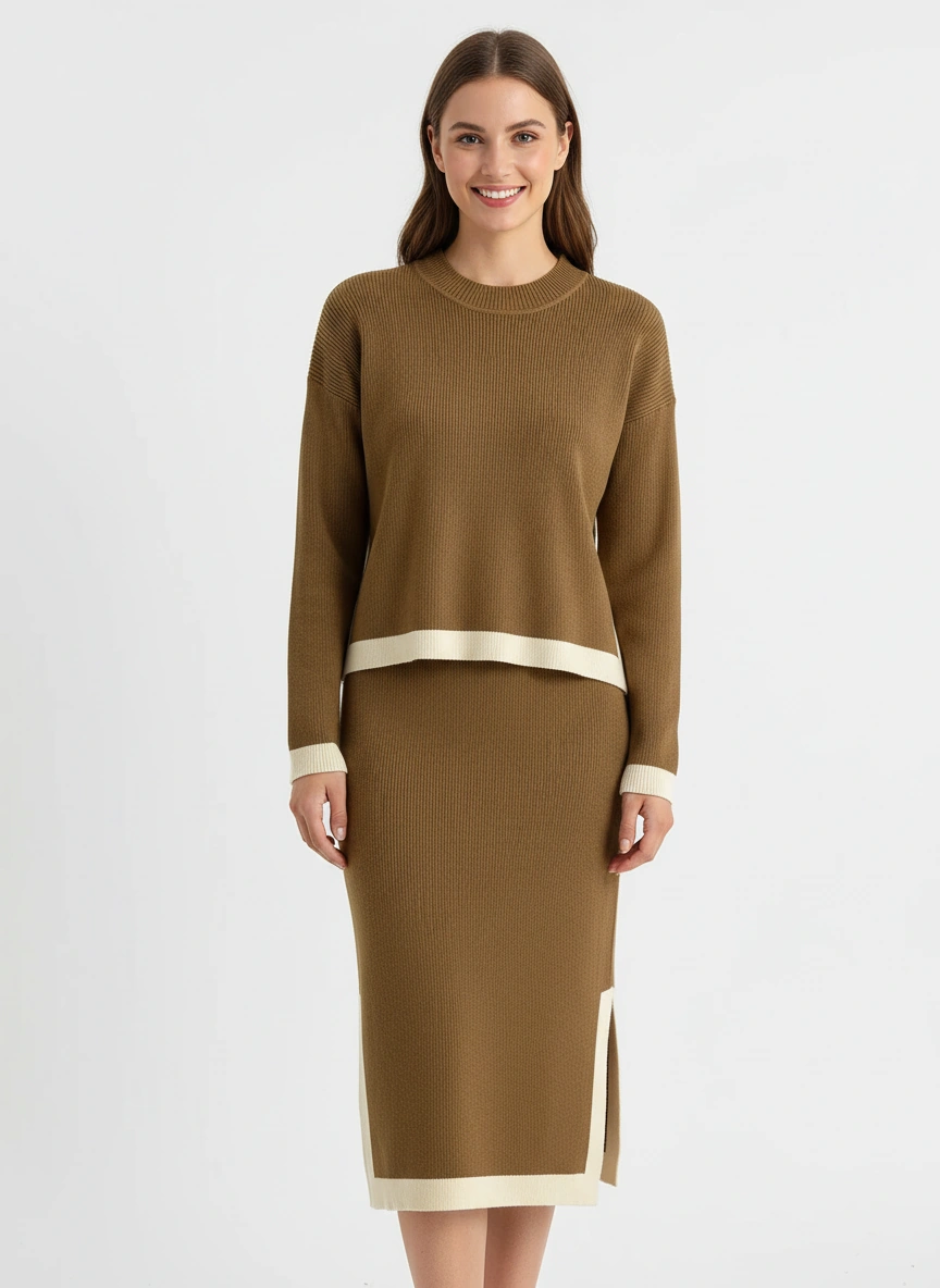 sophisticated dark brown long sleeve pullover and midi skirt set