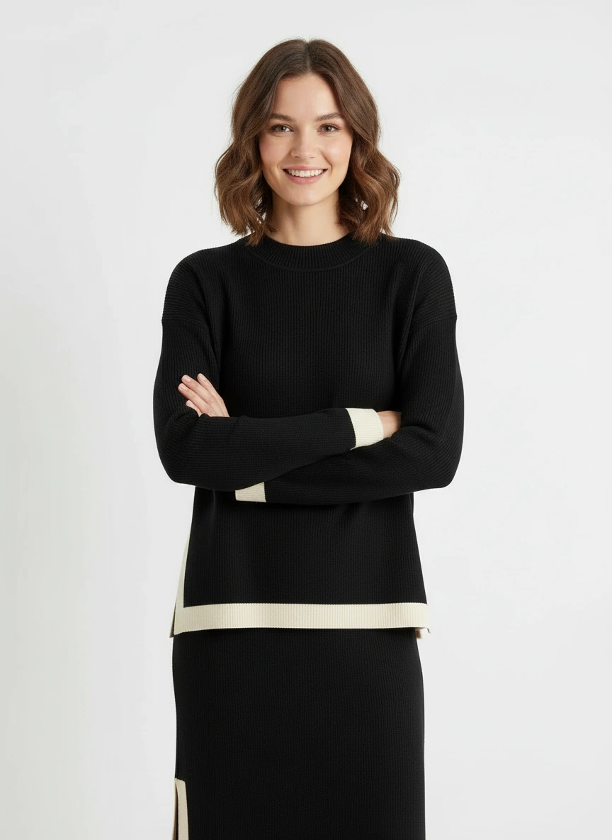 sophisticated dark brown long sleeve pullover and midi skirt set
