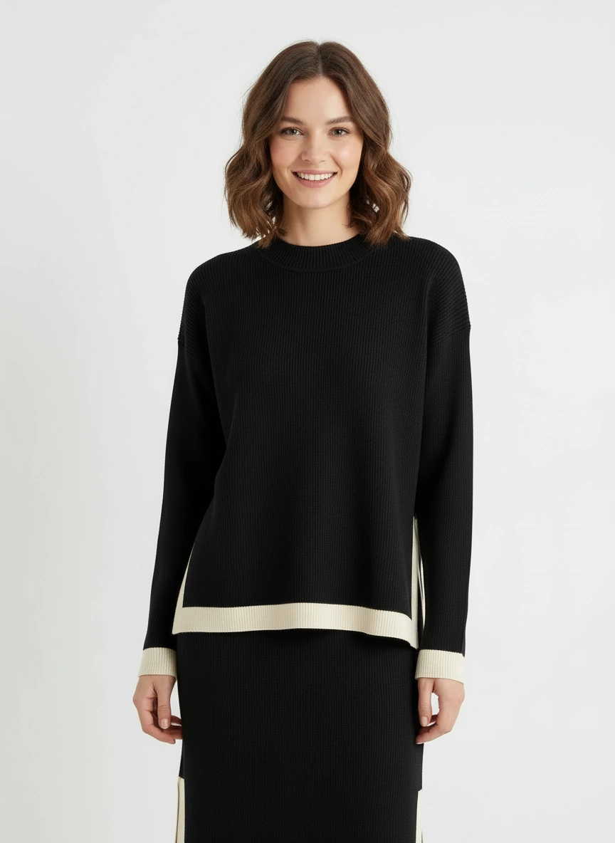 sophisticated dark brown long sleeve pullover and midi skirt set