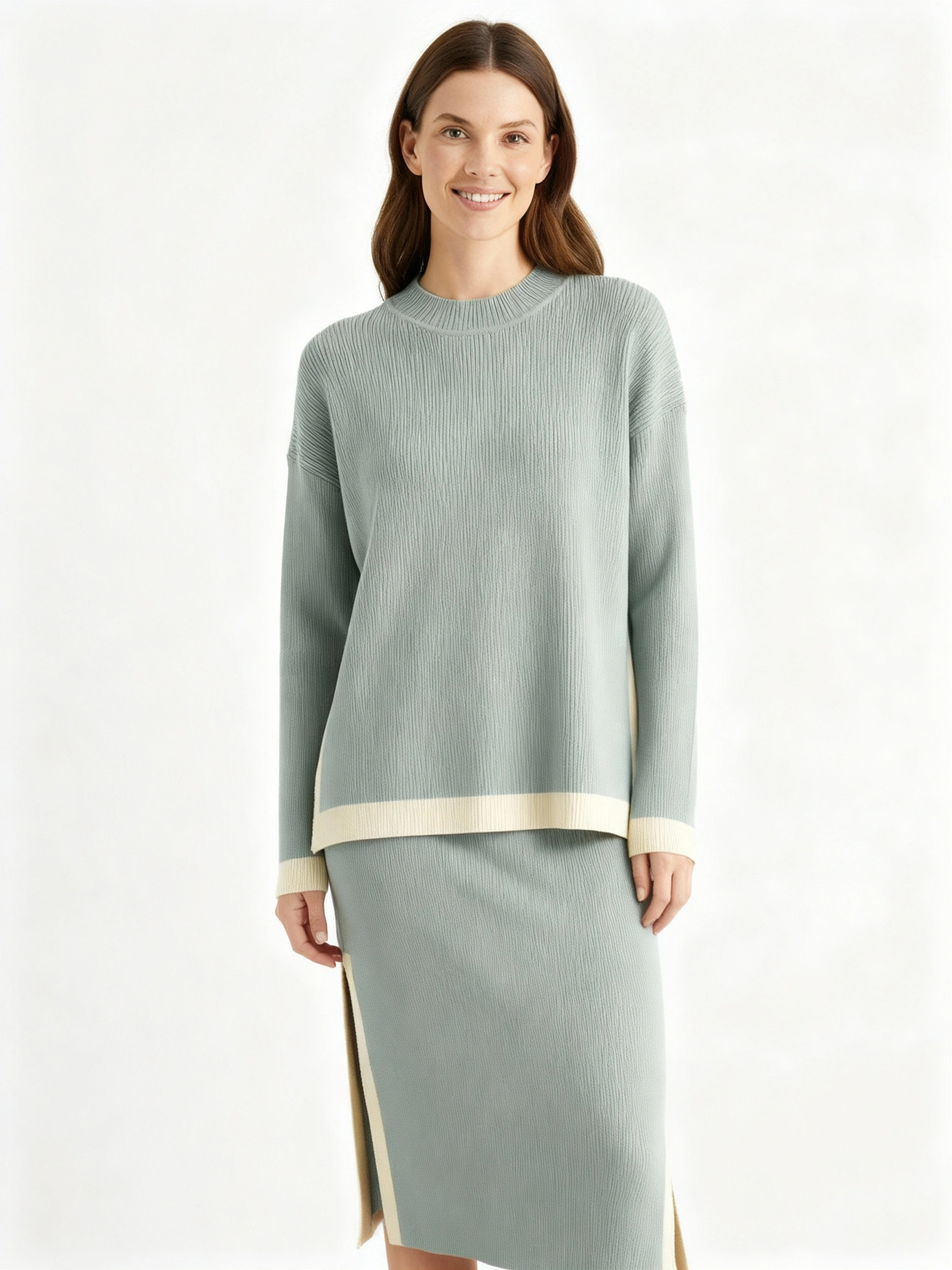 sophisticated dark brown long sleeve pullover and midi skirt set