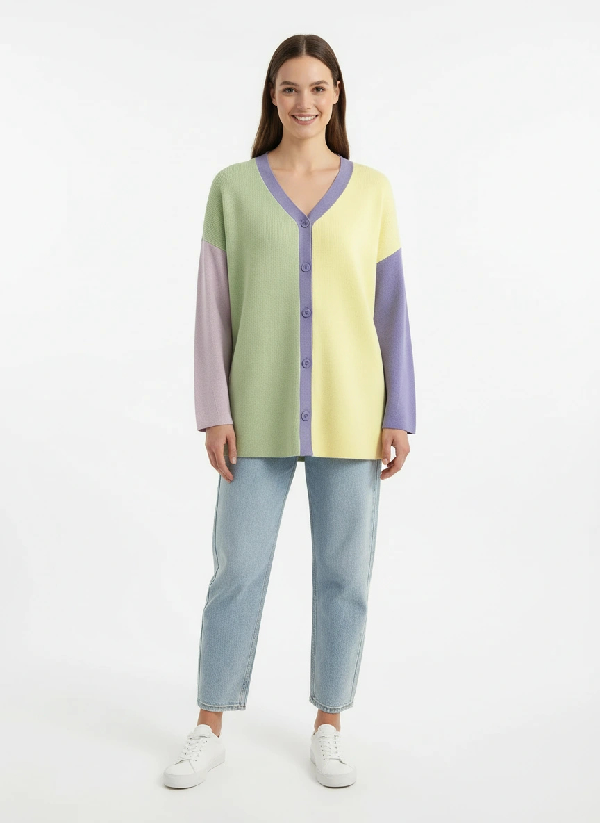 yellow and green color block v neck cardigan