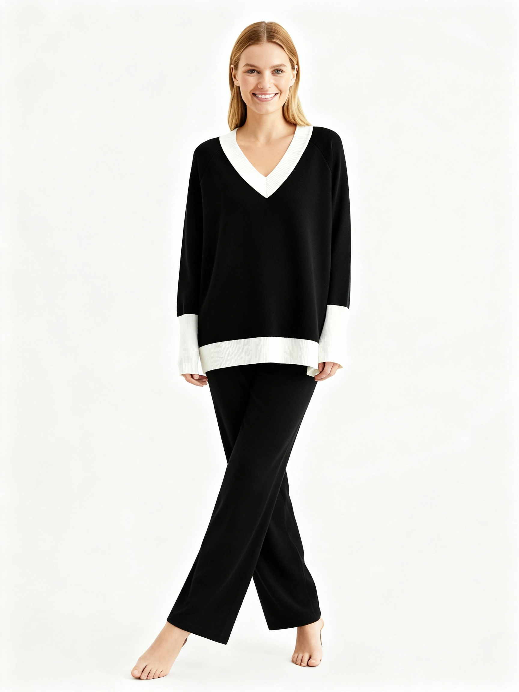 black v neck sweater and wide leg pant