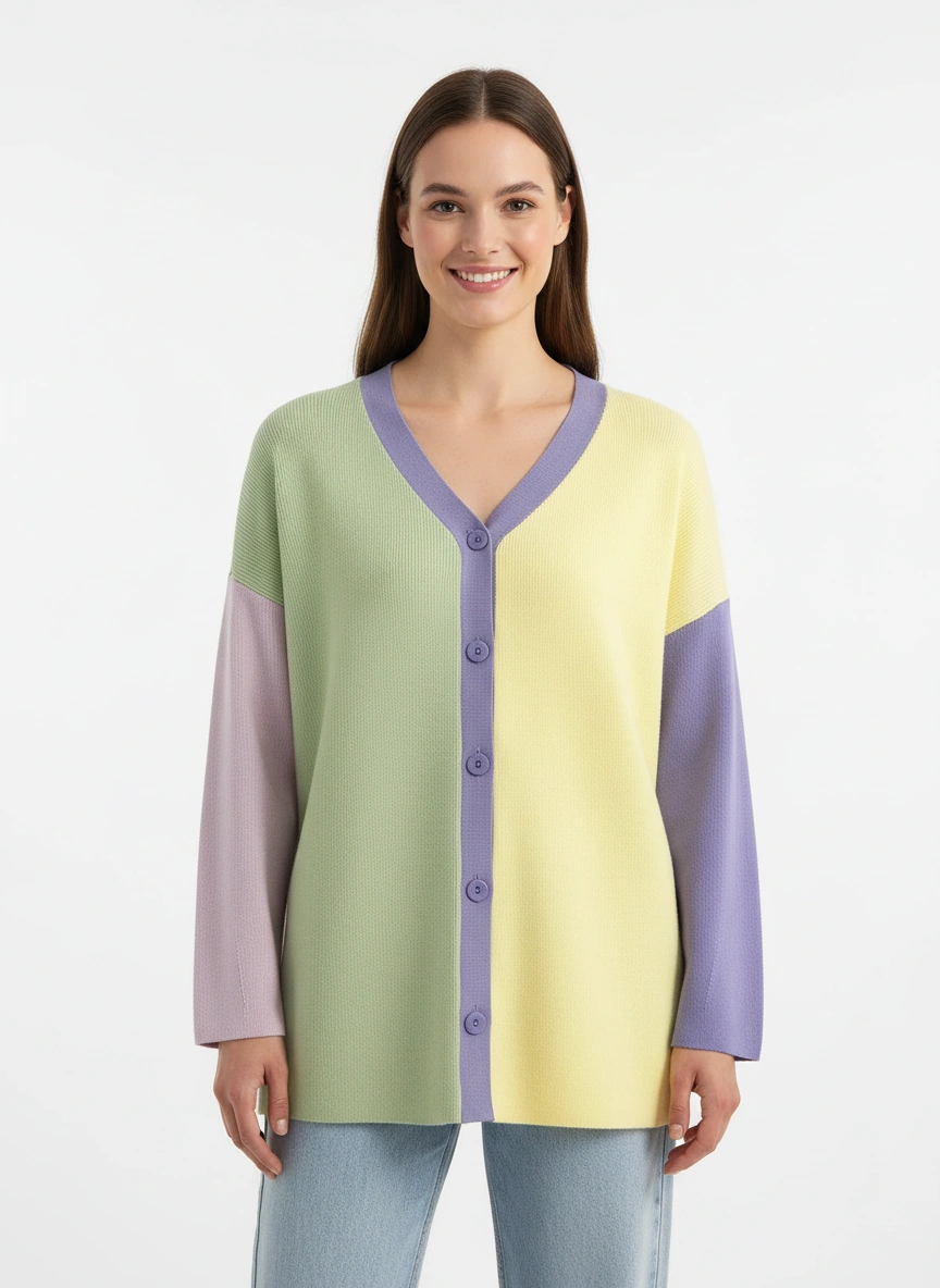 yellow and green color block v neck cardigan