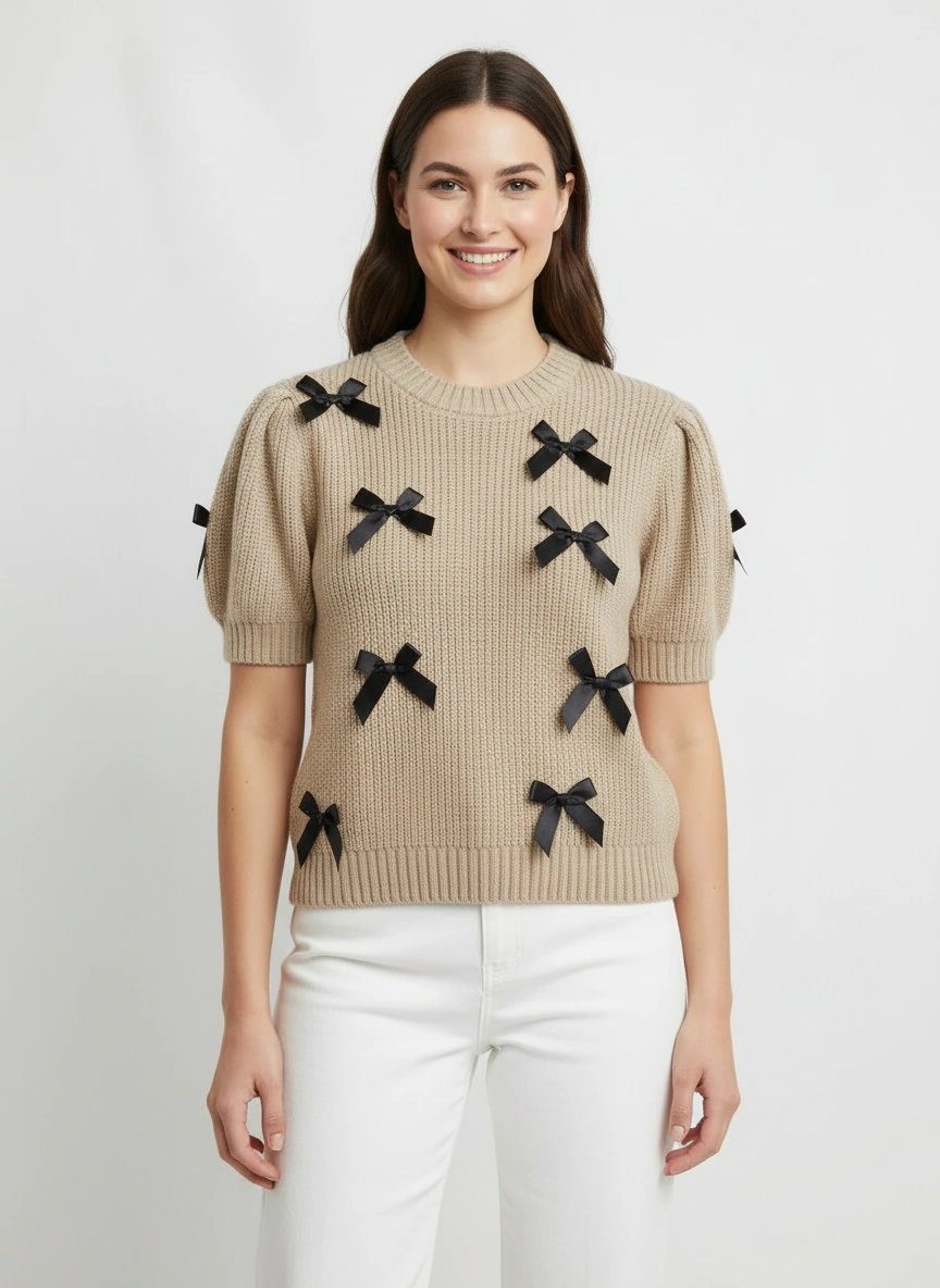 Light khaki short-sleeve sweater