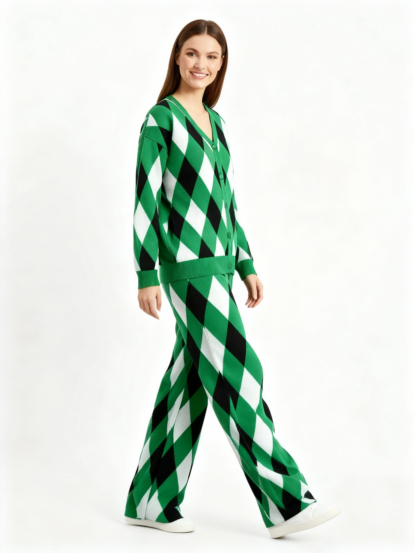 green conceptual print sweater and pants set