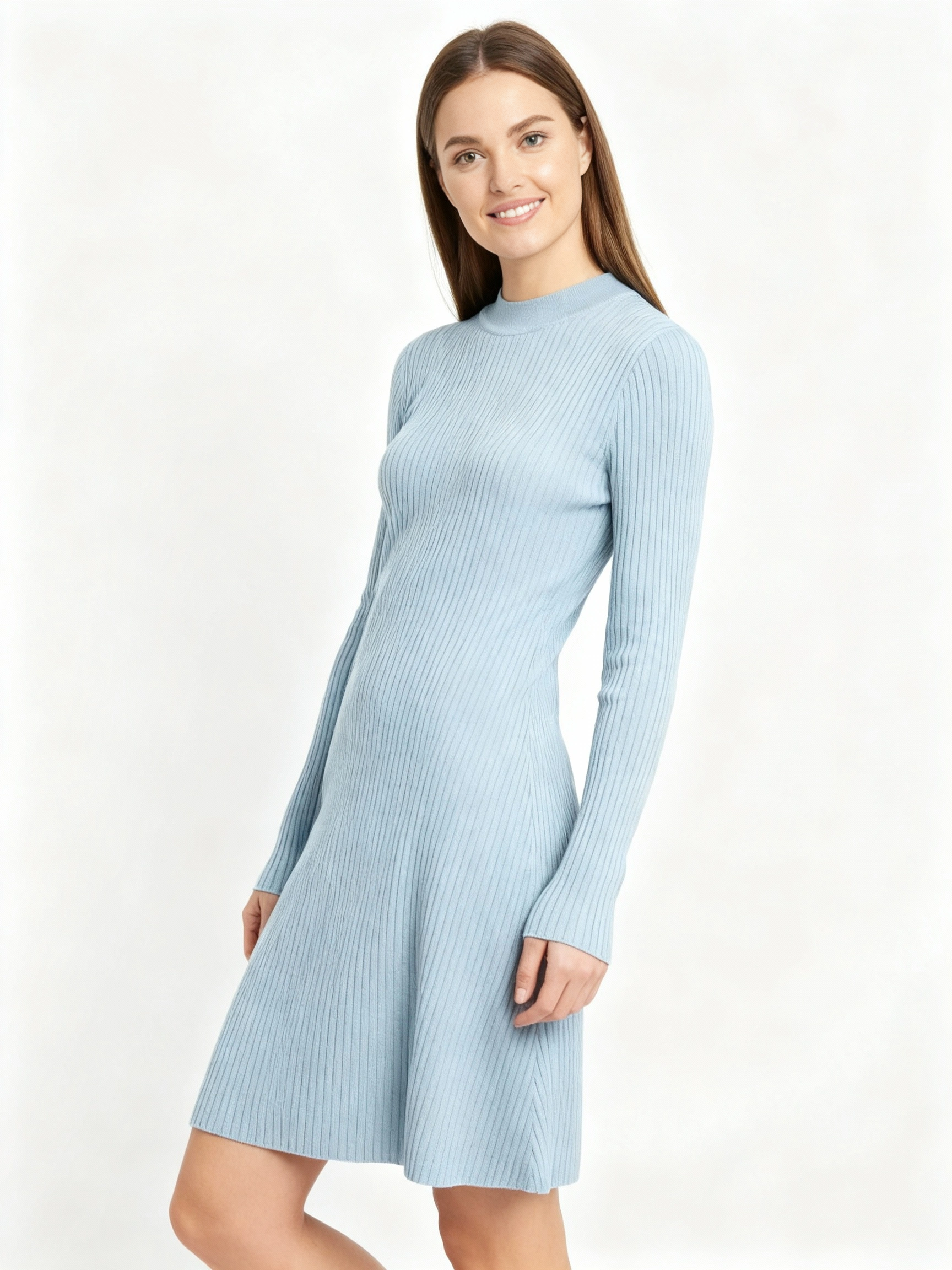 light blue round neck flare short sweater dress