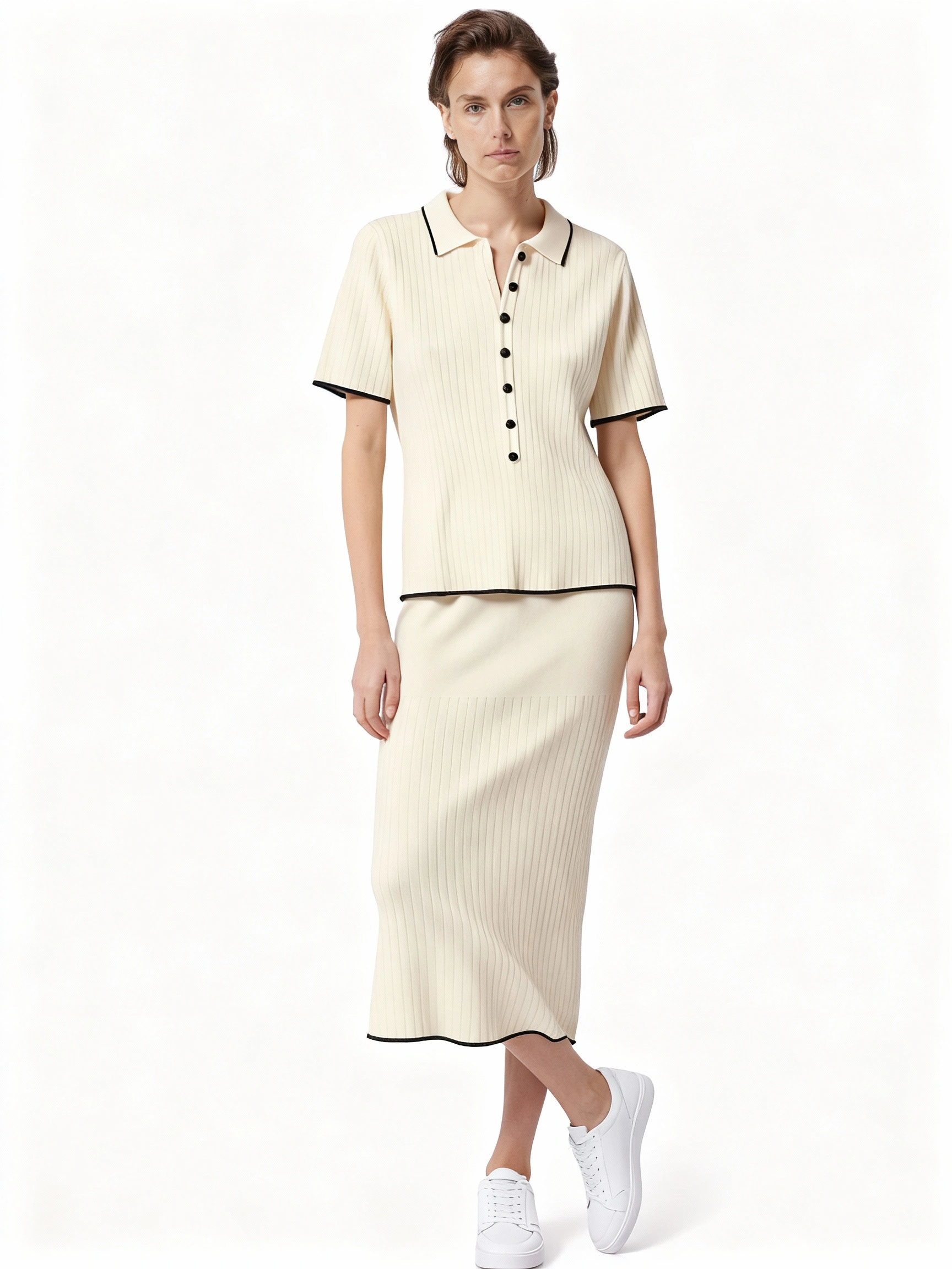 creamy white short sleeve collared shirt and midi skirt set