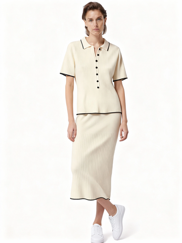 creamy white short sleeve collared shirt and midi skirt set