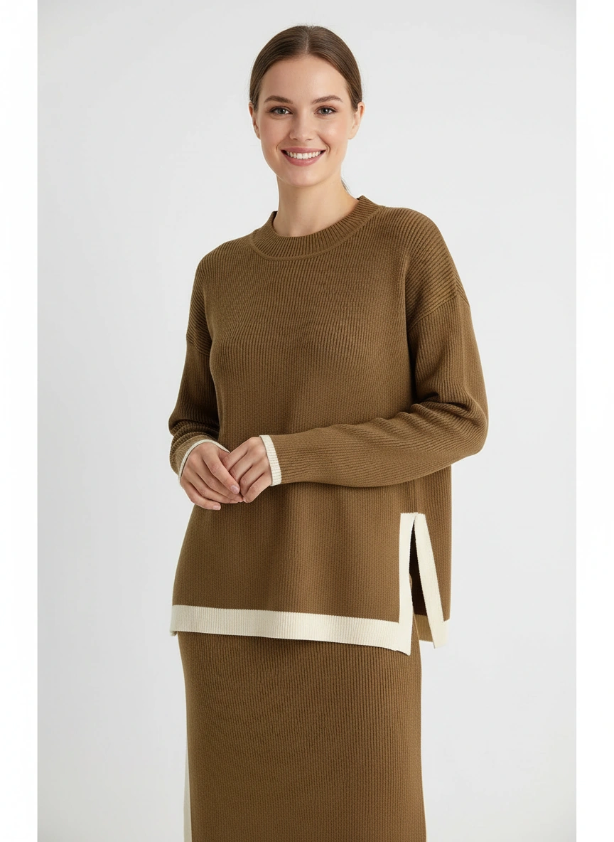 sophisticated dark brown long sleeve pullover and midi skirt set