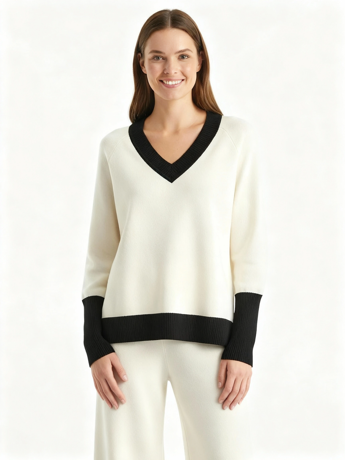 Sophisticated creamy white v neck sweater