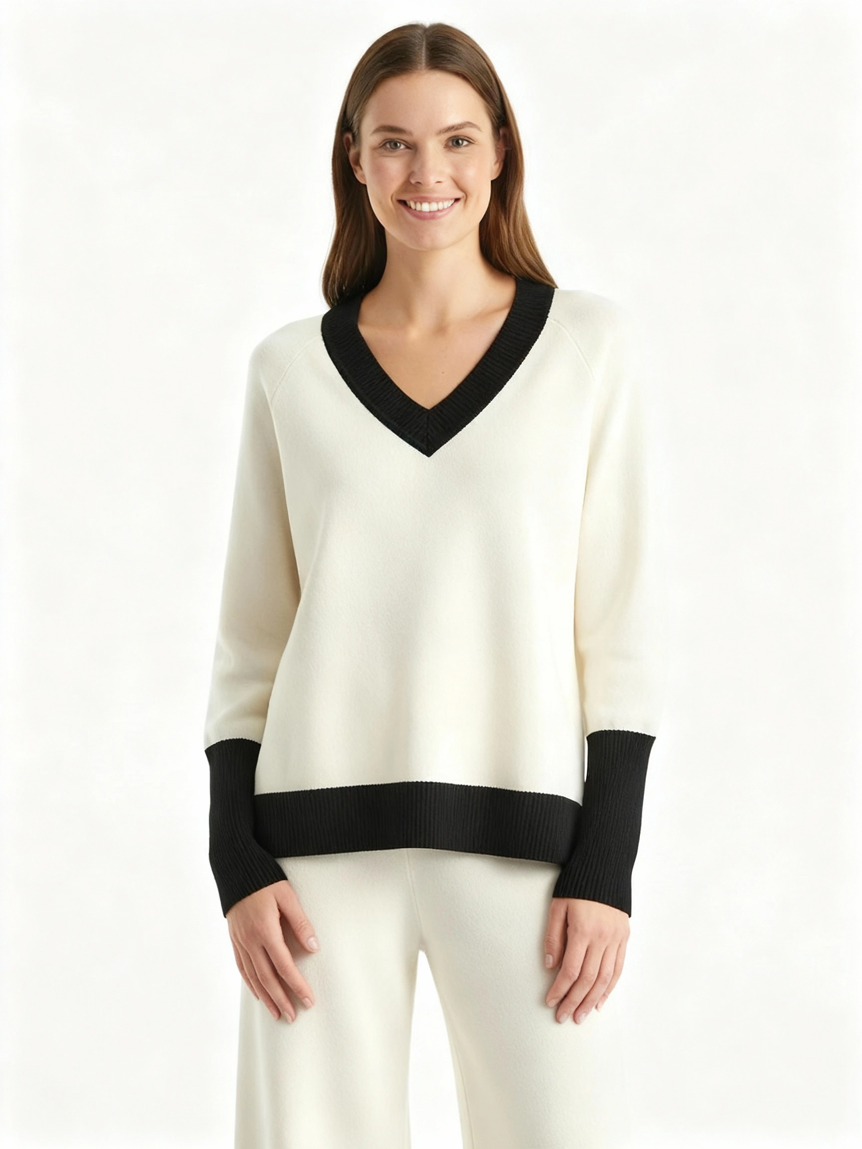 Sophisticated creamy white v neck sweater
