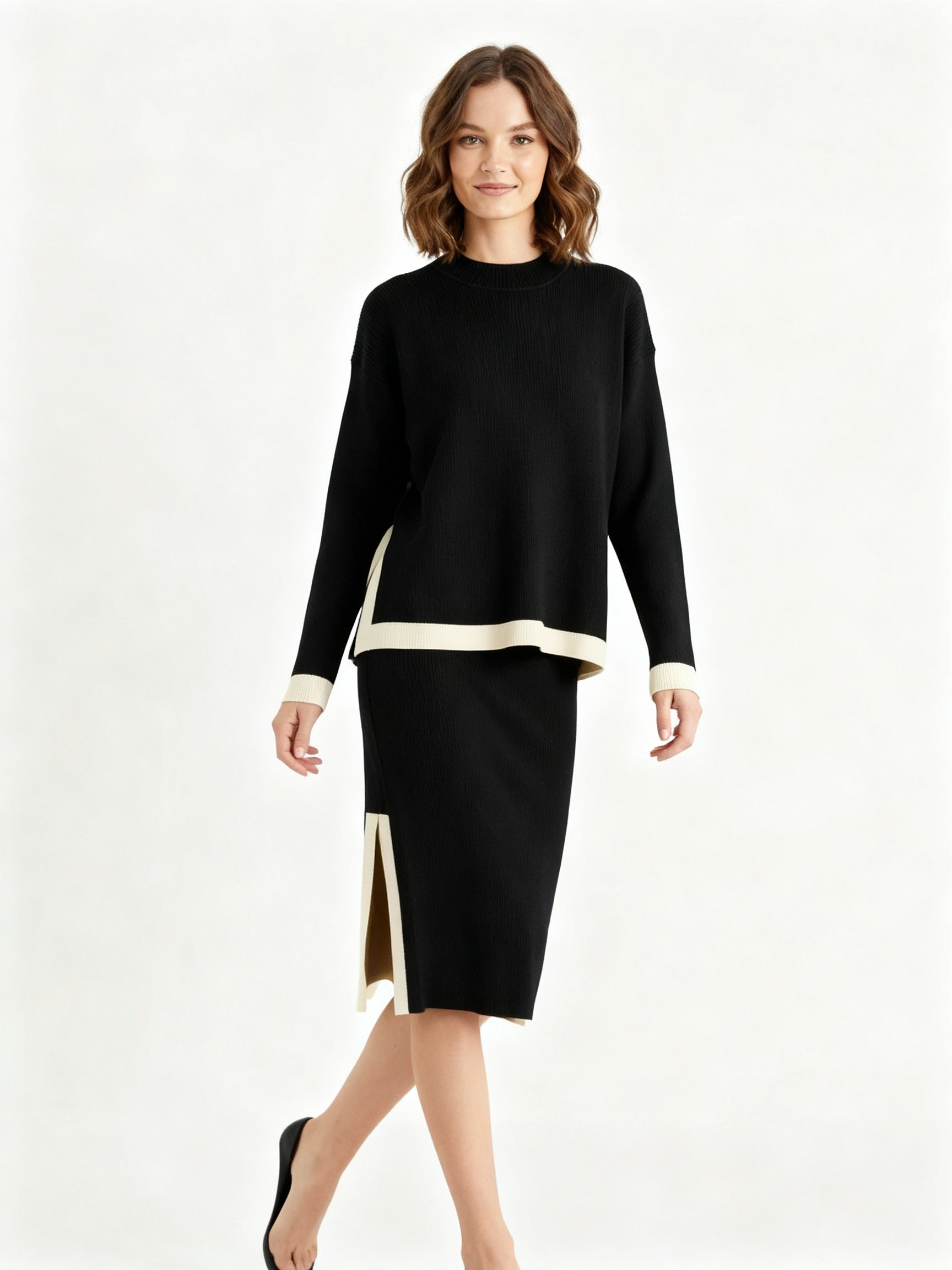 sophisticated dark brown long sleeve pullover and midi skirt set
