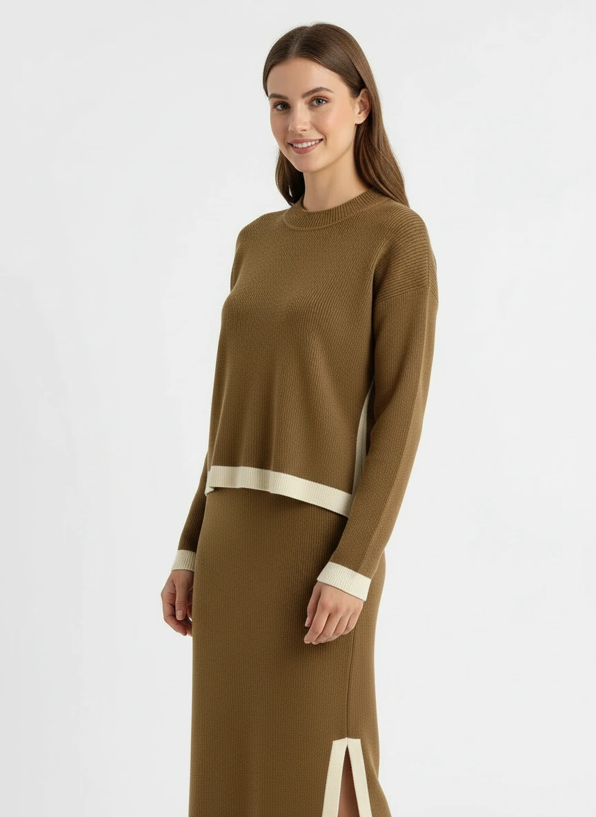 sophisticated dark brown long sleeve pullover and midi skirt set