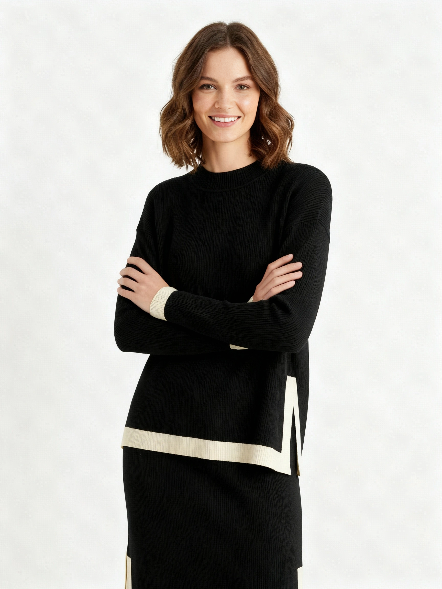 sophisticated dark brown long sleeve pullover and midi skirt set