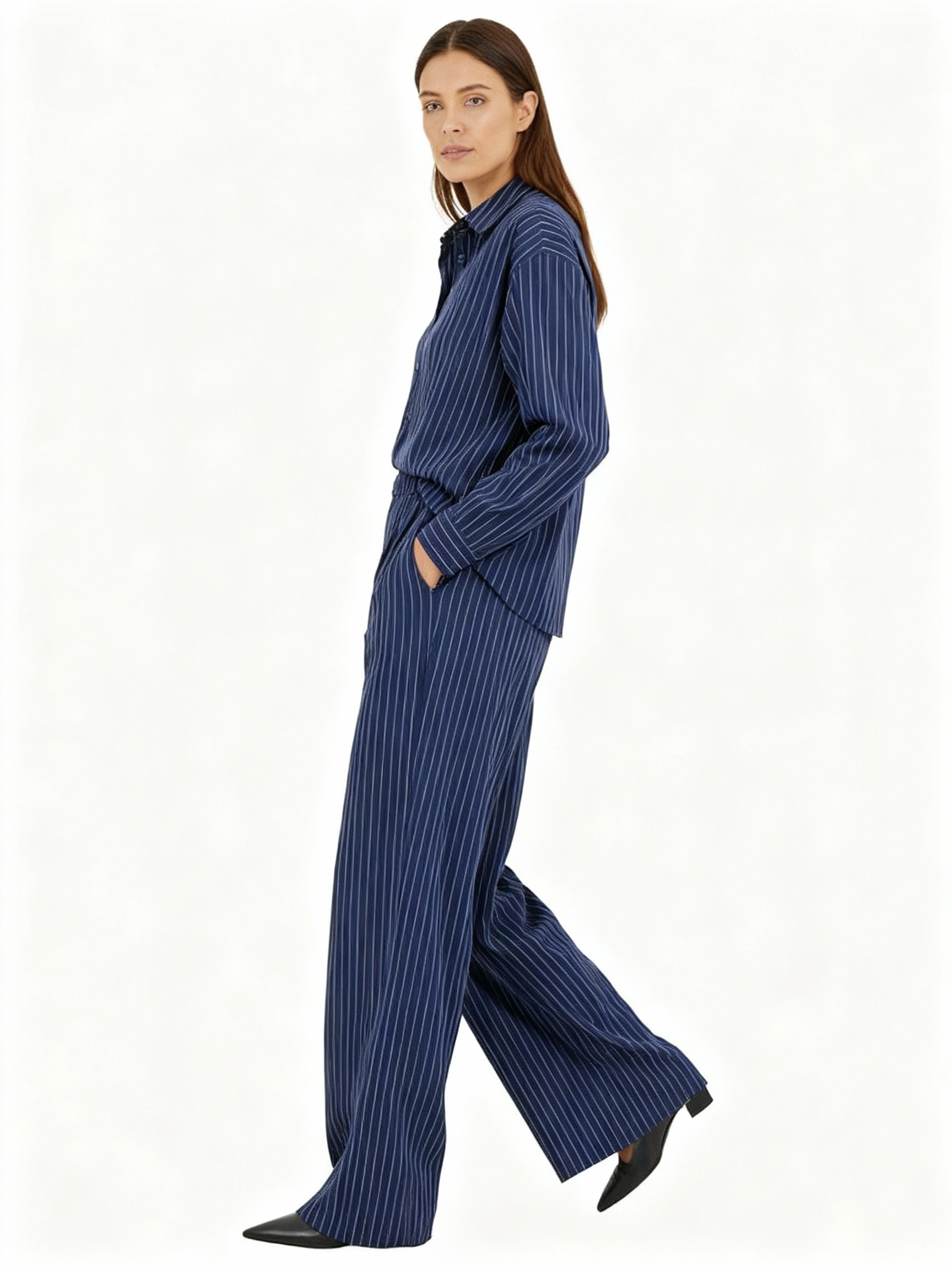 Dark blue wide-leg pants white stripes