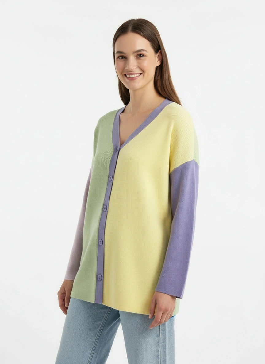 yellow and green color block v neck cardigan
