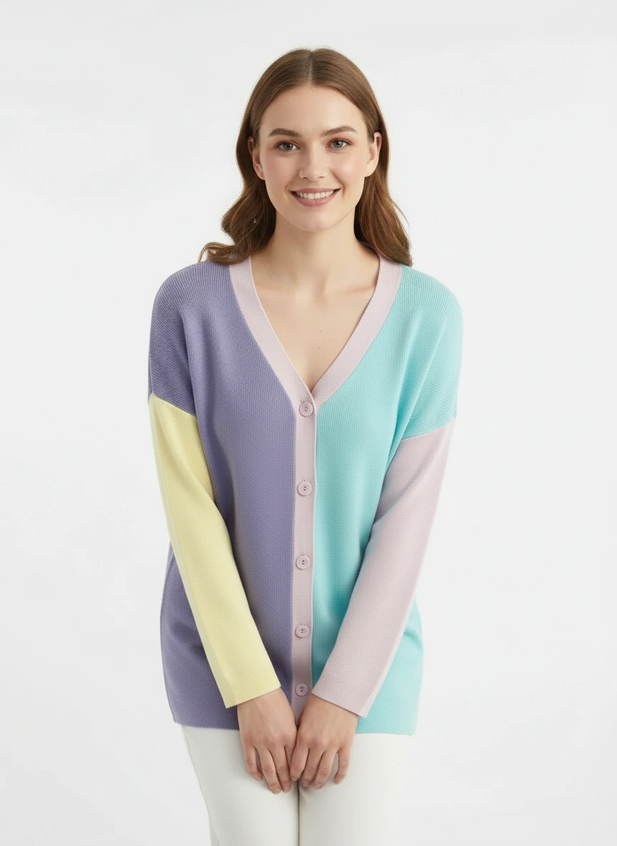 color block v neck cardigan