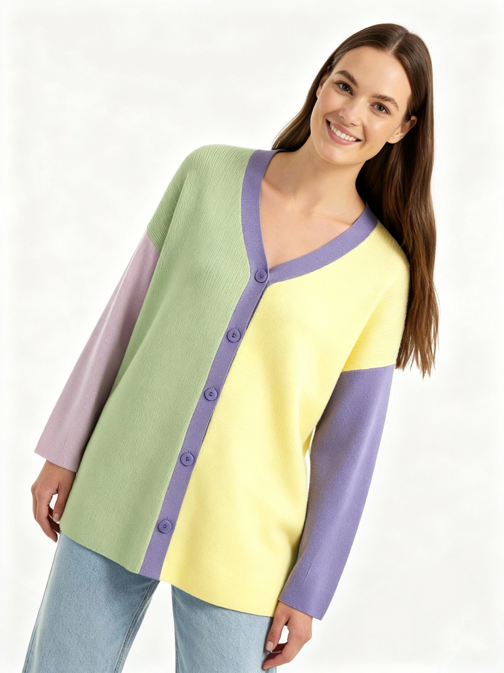 yellow and green color block v neck cardigan