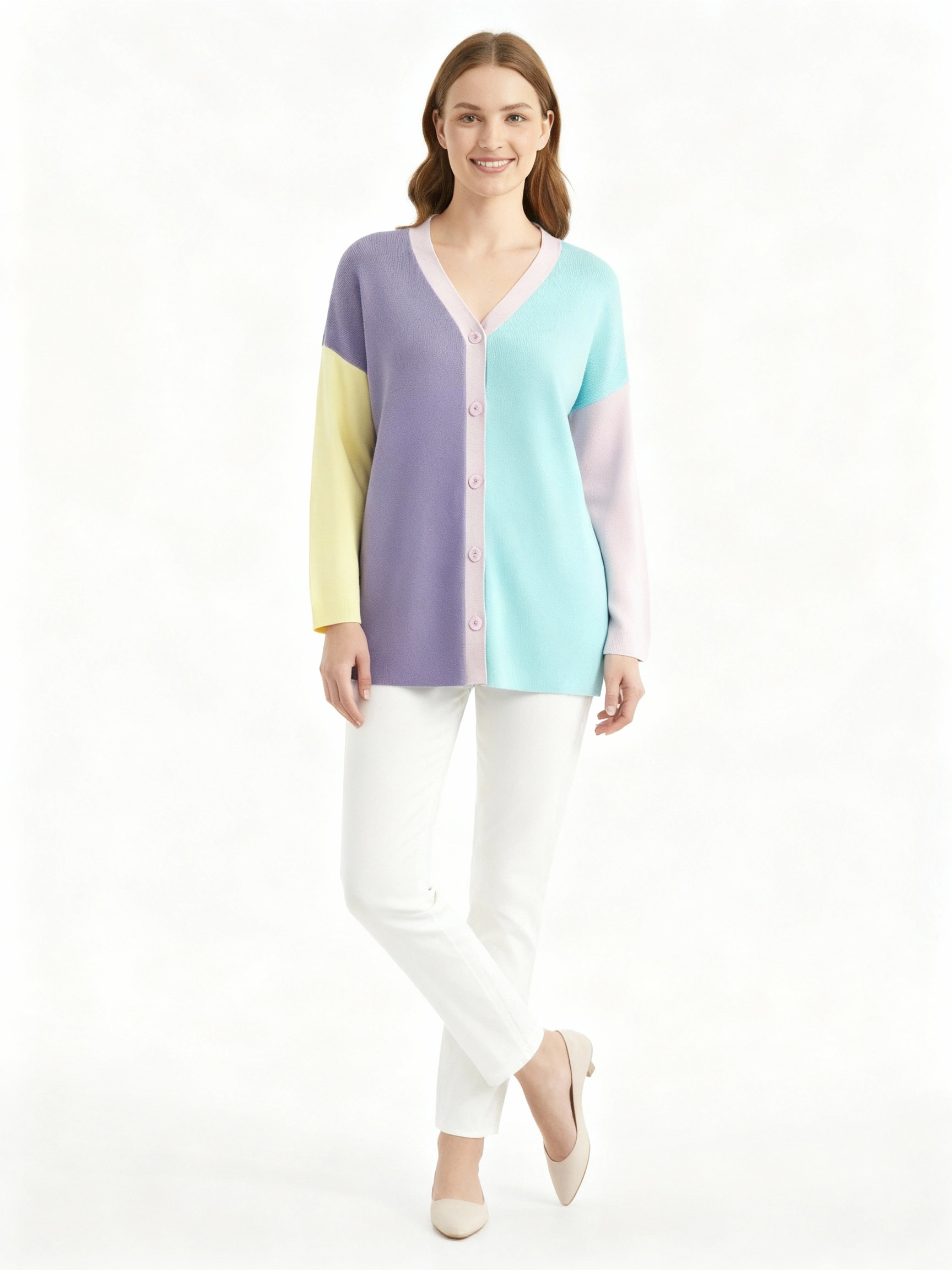 color block v neck cardigan