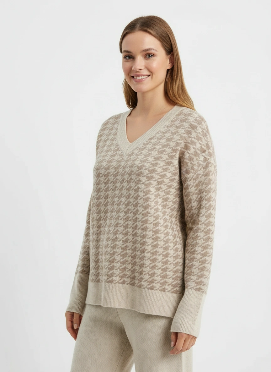 beige v neck sweater and pant set