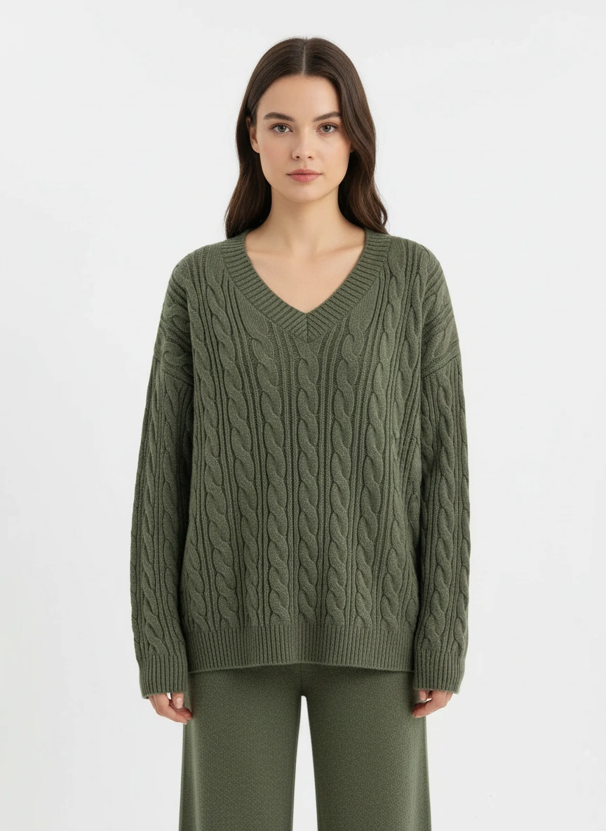 dark green v neck sweater and wide leg pants