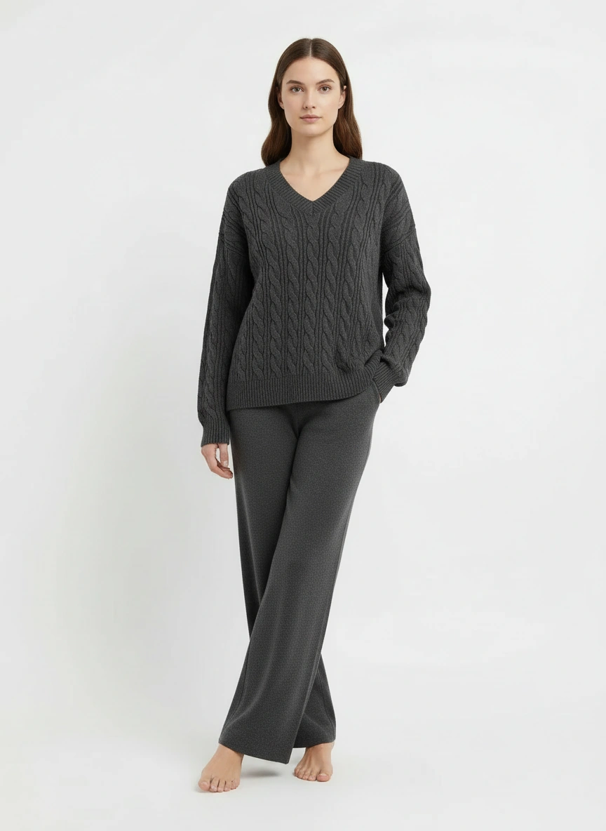dark gray v neck sweater and pant set