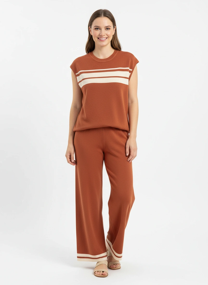 dark orange sleeveless vest and wide leg pant