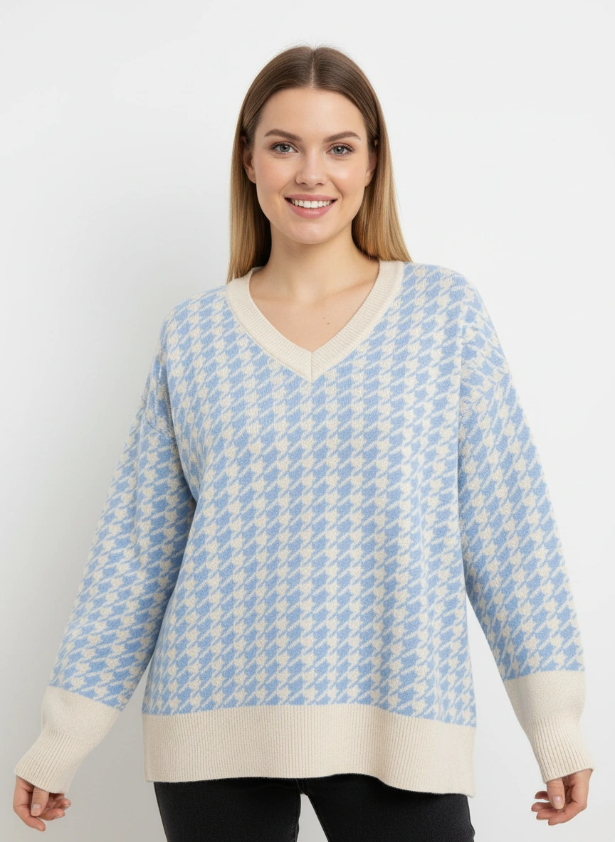 light blue v neck sweater and pant set