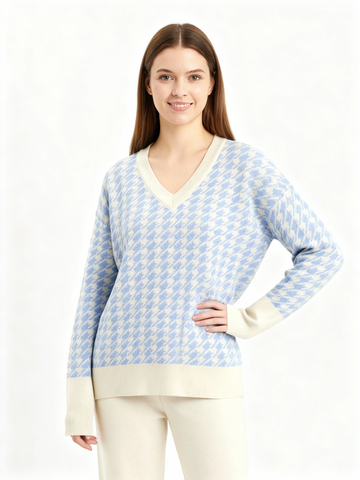 light blue v neck sweater and pant set