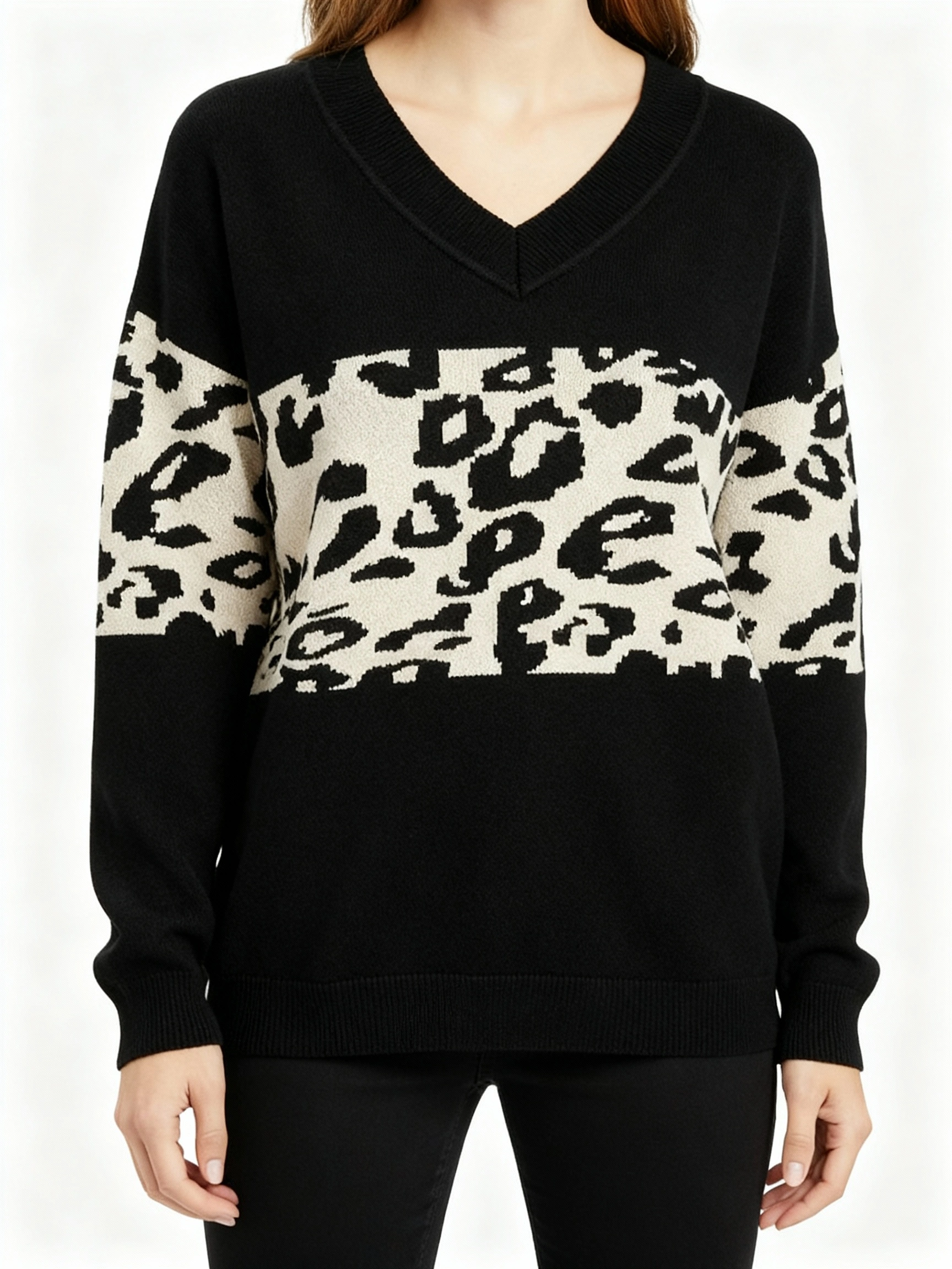 sophisticated black v neck loose fit sweater