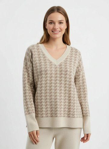 beige v neck sweater and pant set