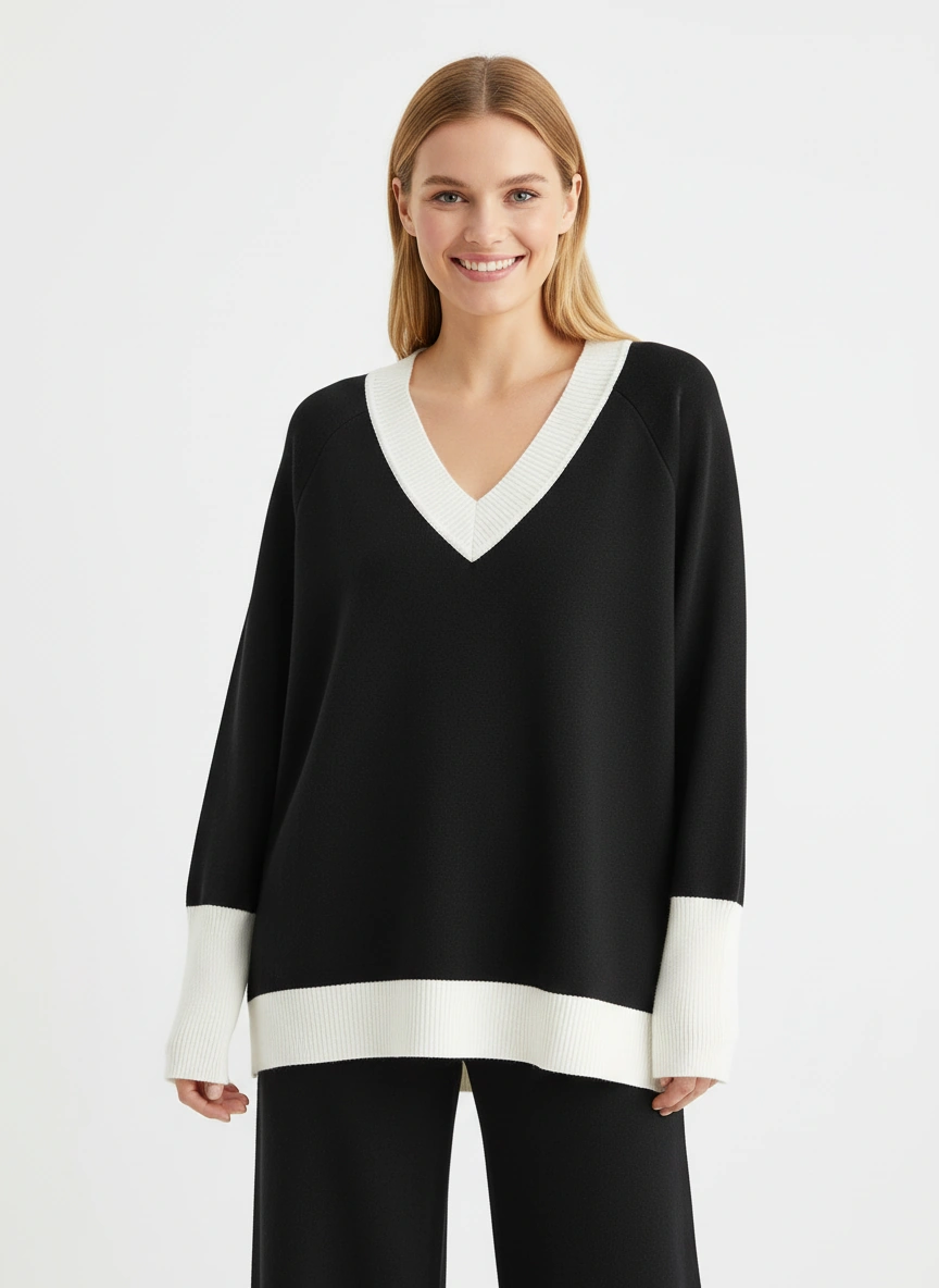 black v neck sweater and wide leg pant