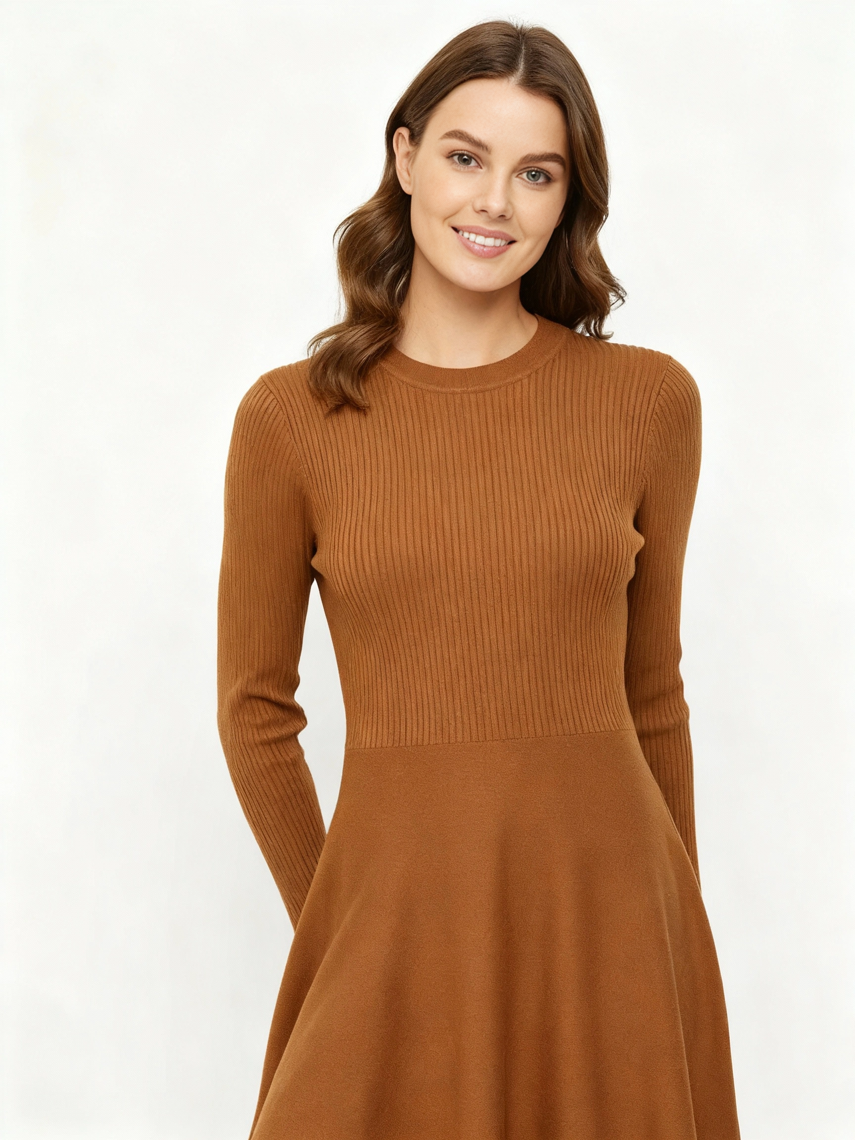 dark brown round neck flare short dress