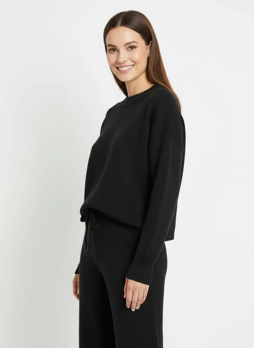 black sweater and wide leg pants set