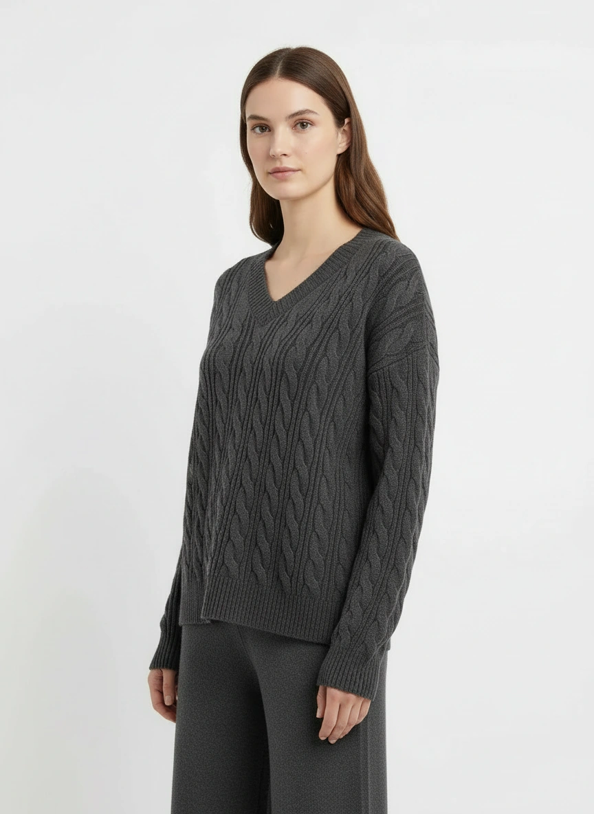 dark gray v neck sweater and pant set