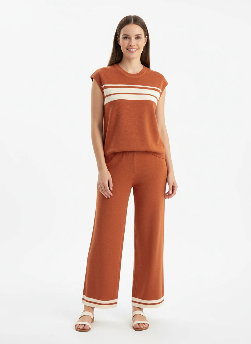 dark orange sleeveless vest and wide leg pant