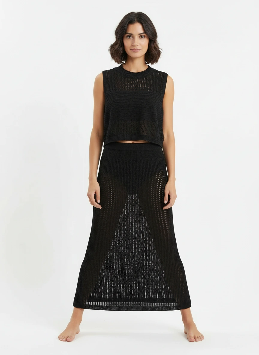 black sleeveless vest and maxi skirt set