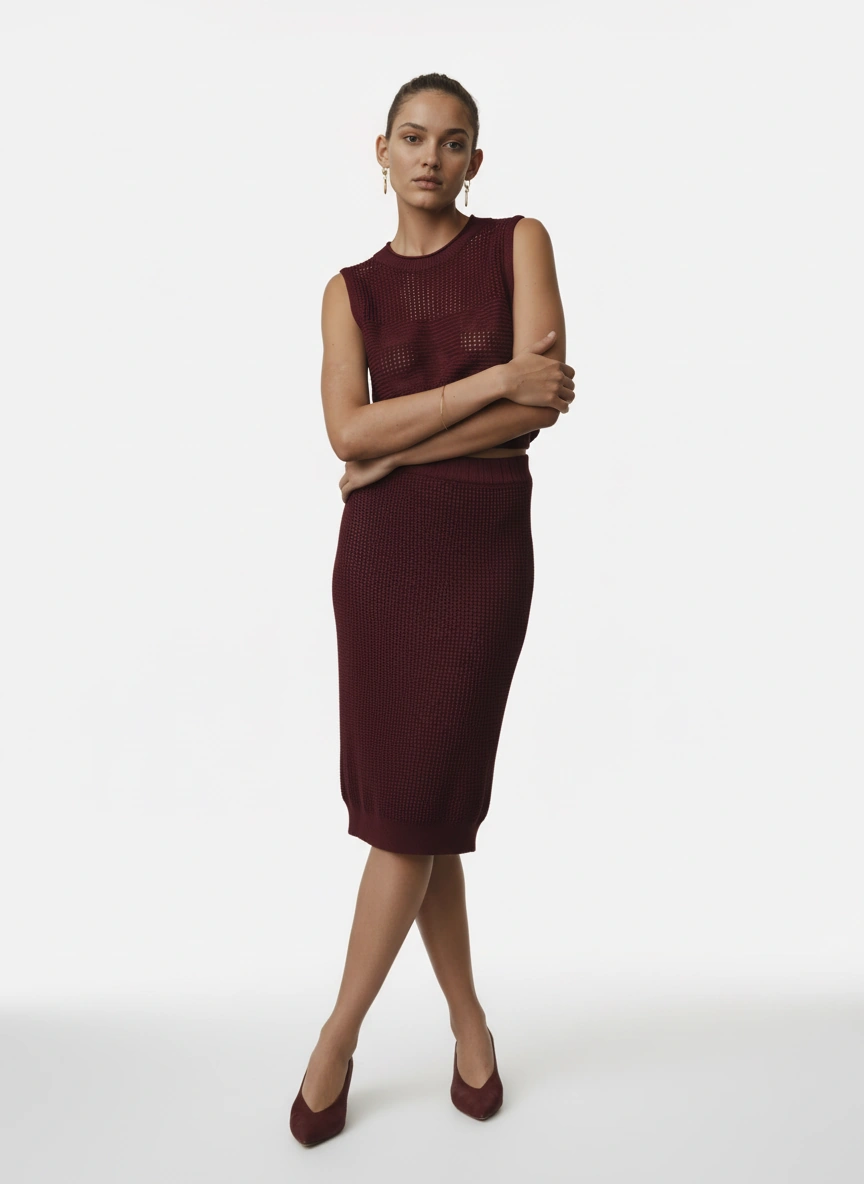 wine red sleeveless vest and midi skirt set