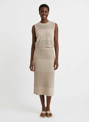 beige sleeveless vest and midi skirt set