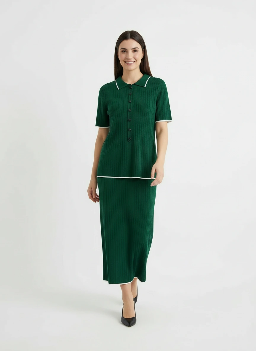 Dark green short sleeve top and midi skirt set