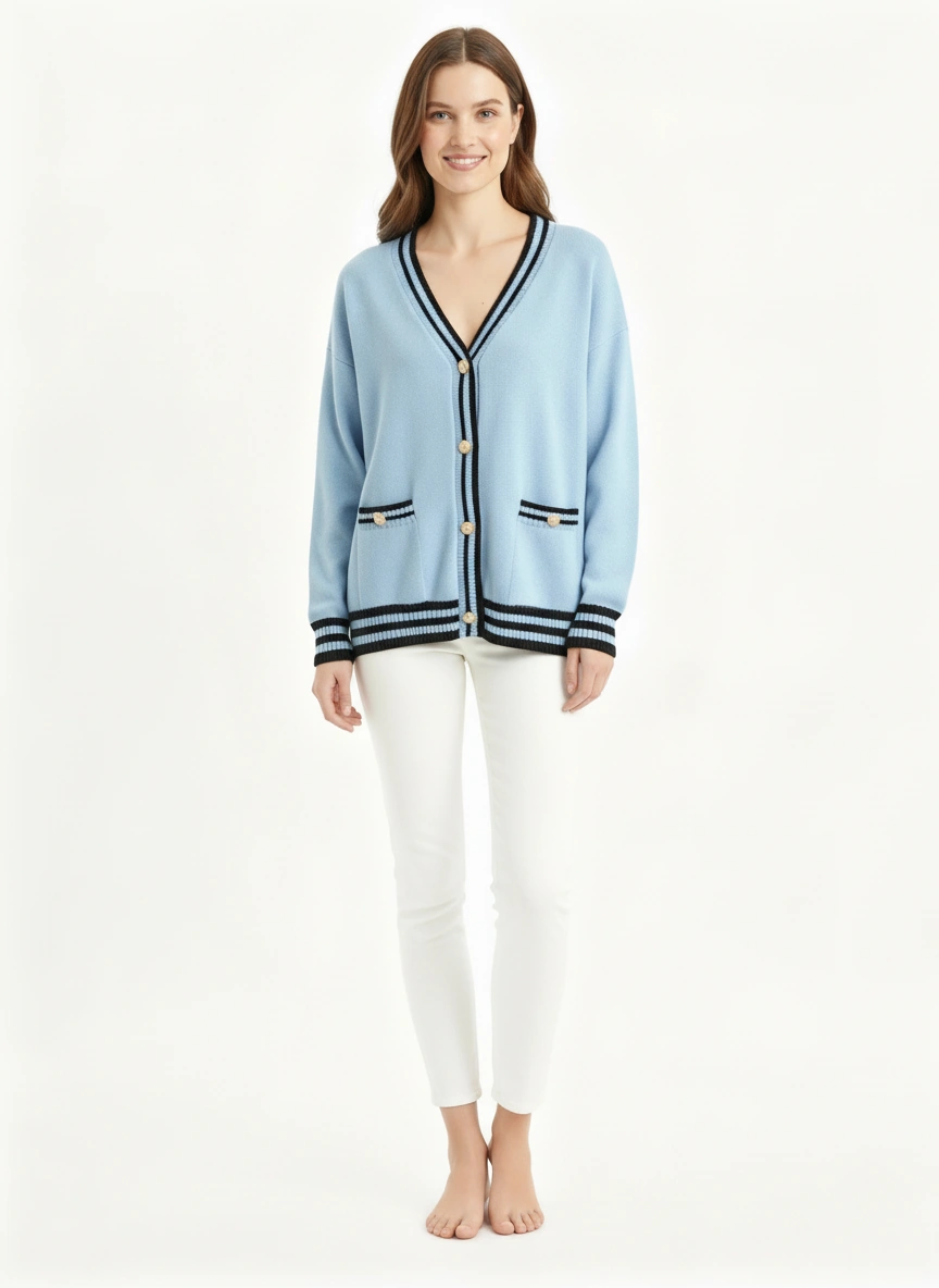 relaxed sophistication  light blue cardigan