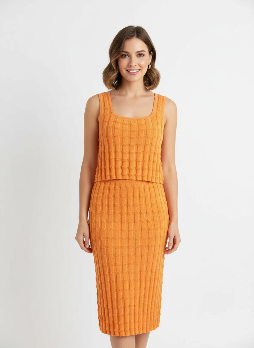 orange square neck sleeveless top and fit midi dress