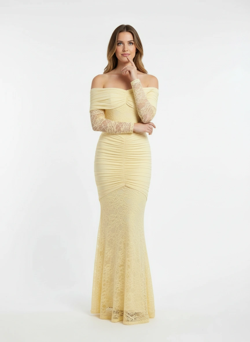 Unforgettable yellow off-shoulder lace maxi dress