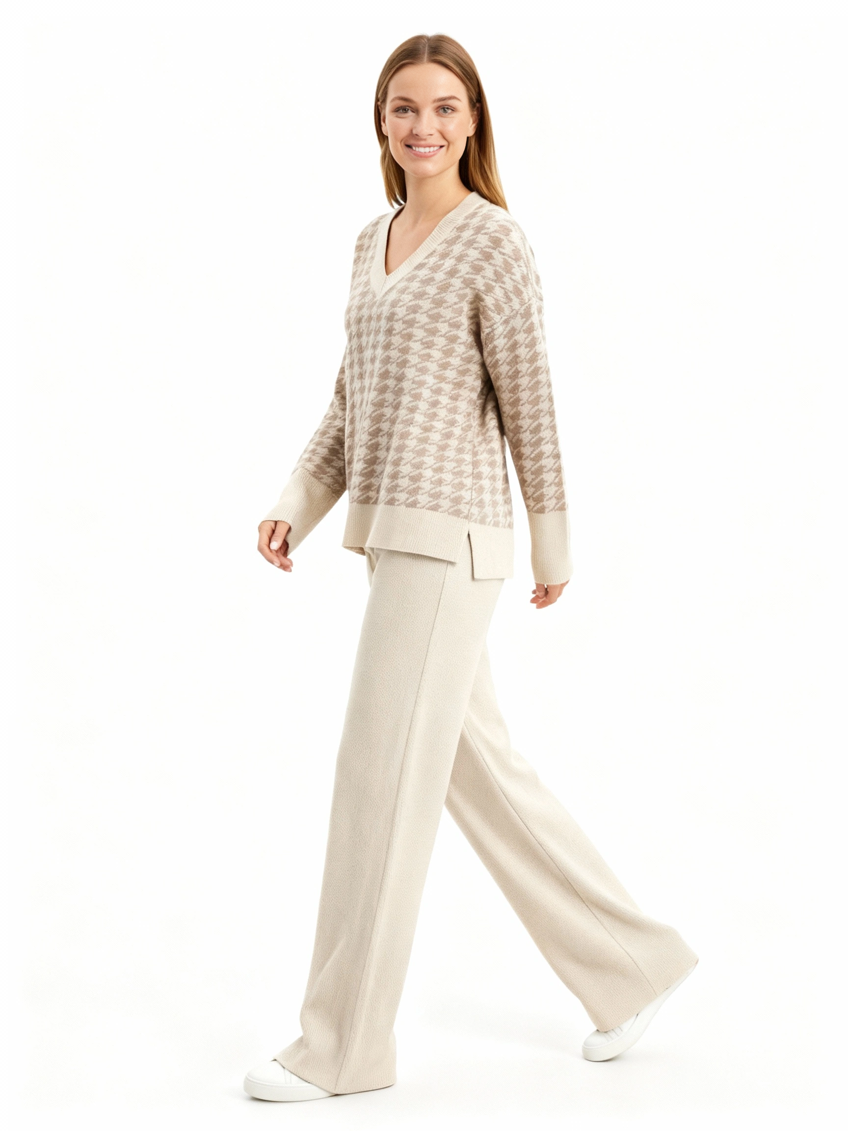 beige v neck sweater and pant set