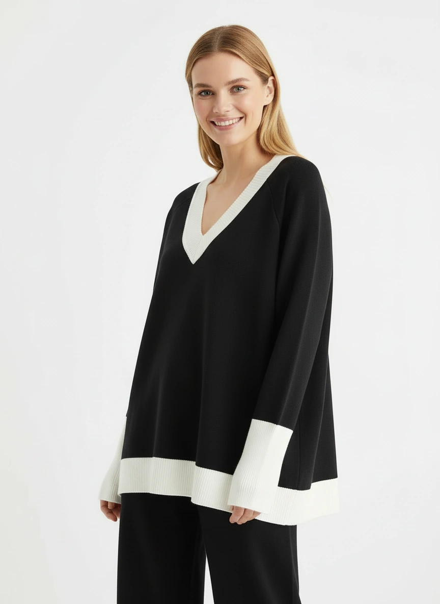 black v neck sweater and wide leg pant