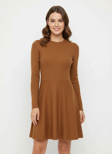 dark brown round neck flare short dress
