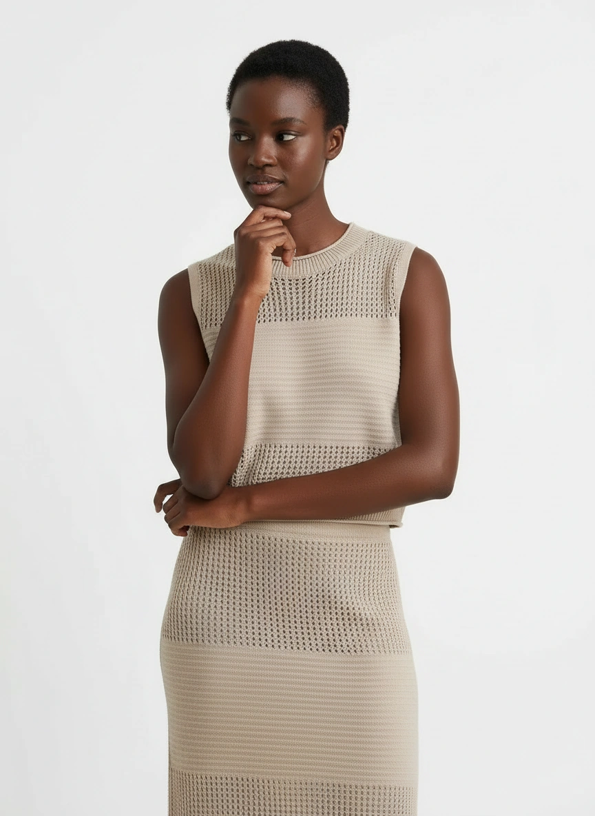 beige sleeveless vest and midi skirt set