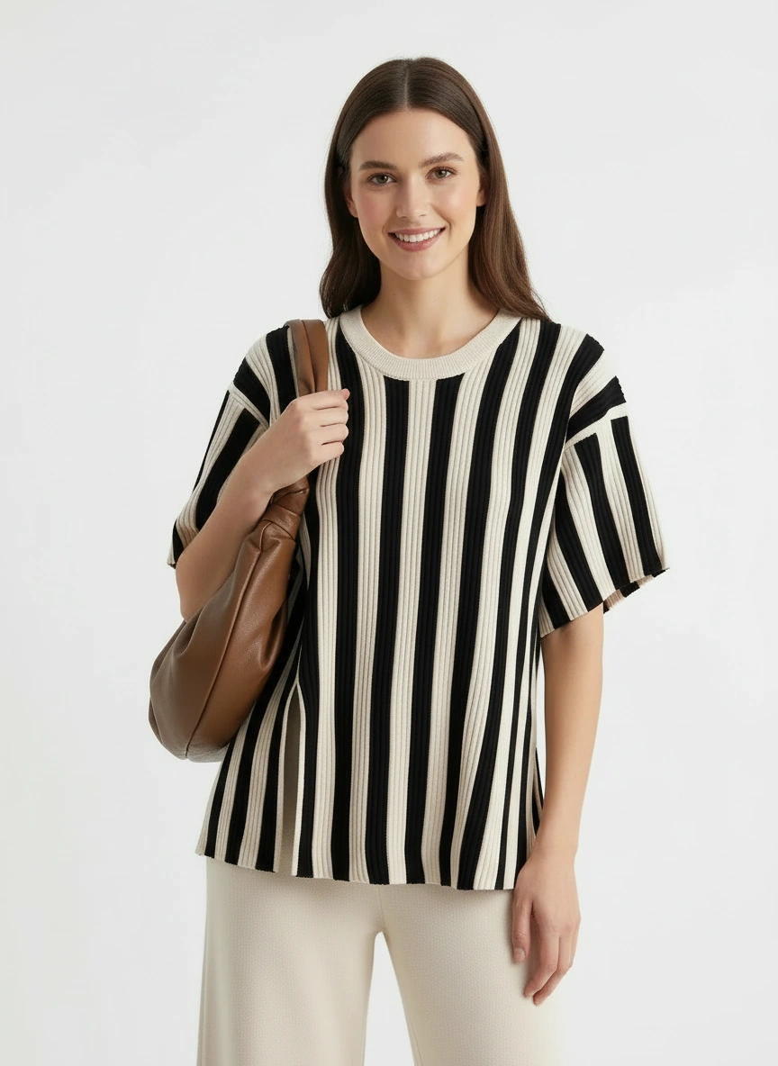 creamy white t-shirt featuring bold black stripes