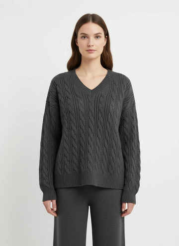 dark gray v neck sweater and pant set