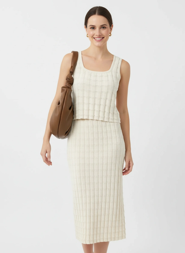 creamy white chic design top and midi skirt